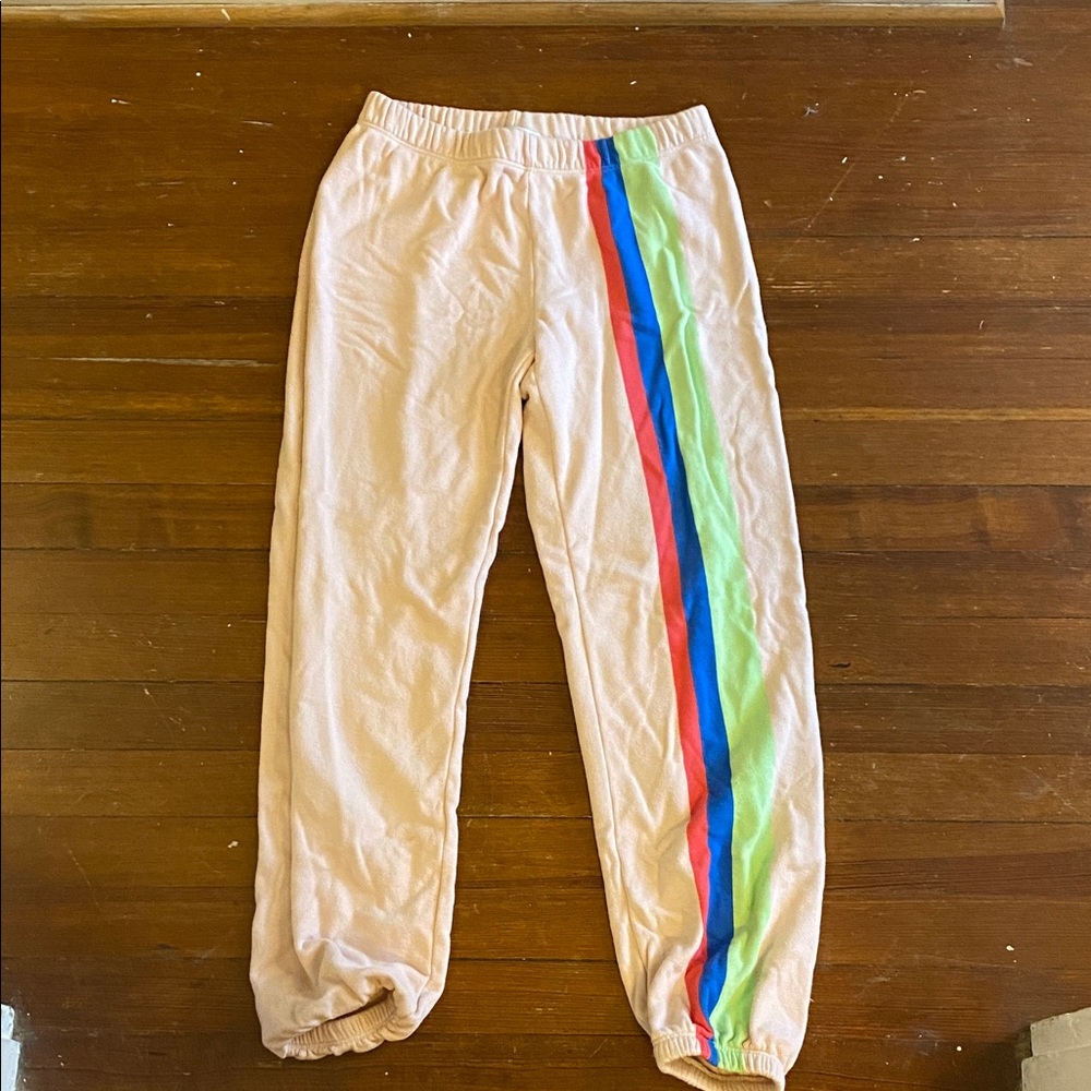 Wildfox Cream Track Joggers with Rainbow Side Stripes